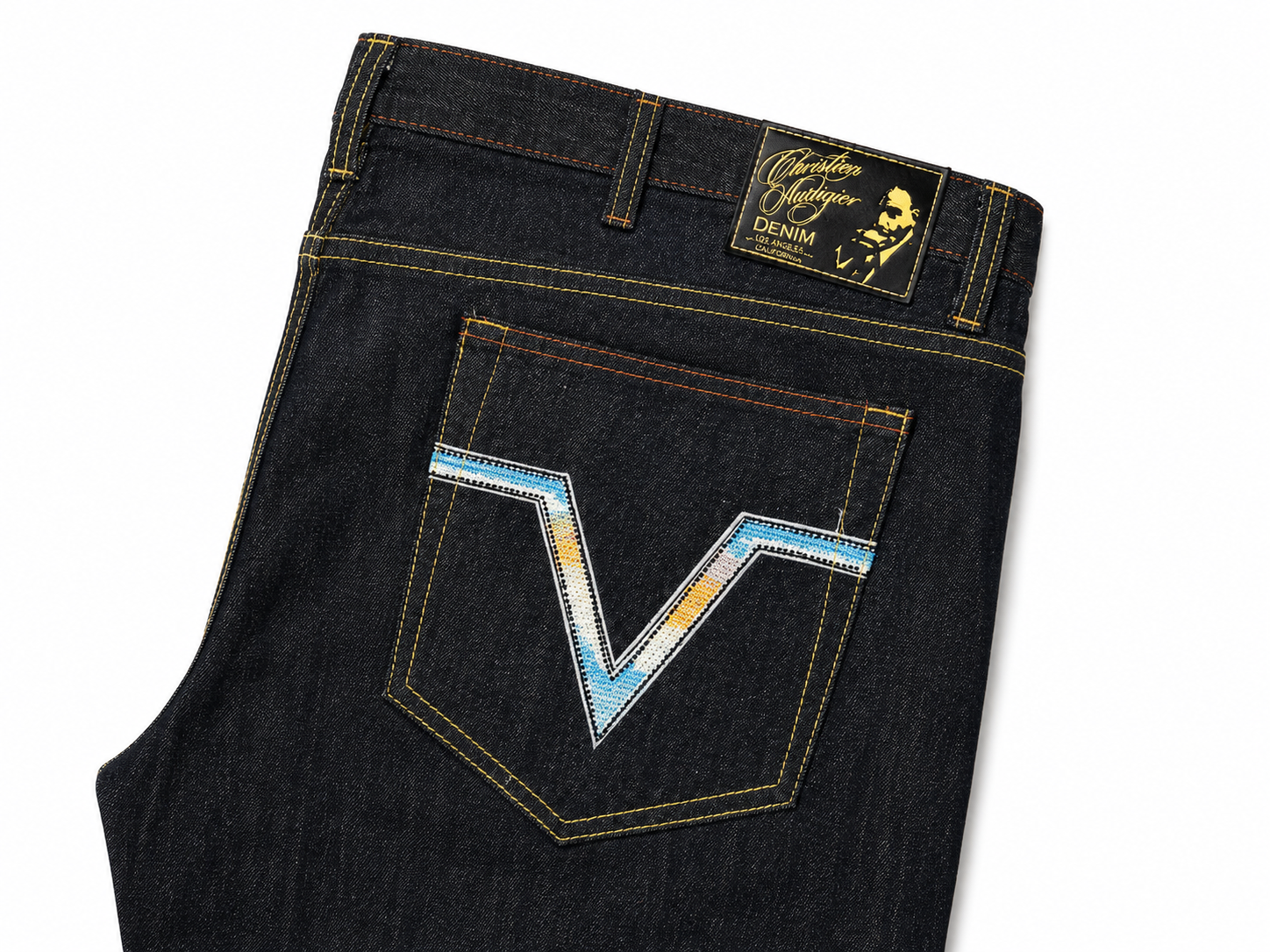 Christian Audigier black denim jeans with embroidered chevron back pocket