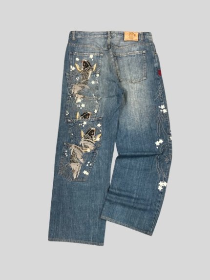 SUPER RARE VINTAGE KARAKURI TAMASHI FISH EMBROIDERED JAPANESE DENIM - 34X29
